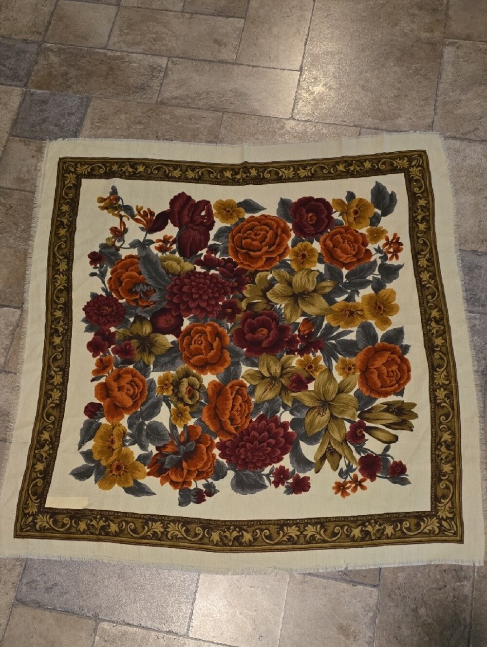 Vintage Basha Scarves Inc. Floral Square Scarf – Made in Italy, Rich Autumn Tone